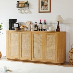 64-inch Wave Shaped TV Stand, Rounded Corner Sideboard, Storage Cabinet, Buffet, Wood Vertical Striped Cabinet With Rattan Doors For Kitchen Bedroom E