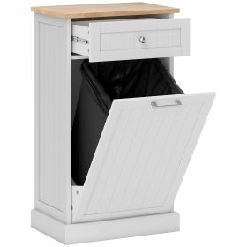 Kitchen Tilt Out Trash Bin Cabinet, White, Free Standing Recycling Can Holder with Drawer