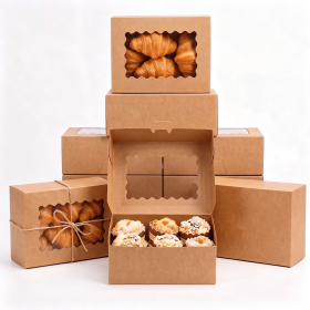 Kraft Paper Bakery Boxes with Window 28 Pack, Auto Pop Up Cupcake Box 9x6x3 Inch