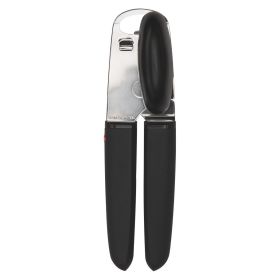 Black Manual Can Opener with Soft Grip Handle, Stainless Steel Blade, Freestanding Design, Hand Wash Only