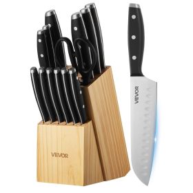 VEVOR Kitchen Knife Set with Block and Sharpener, 15 Piece High Carbon Stainless Steel Sharp Knife Set, Kitchen Cutlery with Ergonomic Handle