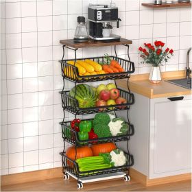 5 Tier Fruit Basket for Kitchen Organizers and Storage, Stackable Metal Wire Basket Stand Cart with Wheels for Fruit Vegetable