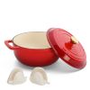 Cast iron 5QT cooking pot - Gradient red - Includes two silicone gloves - Enamel pot