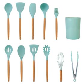 11Pcs Silicone Cooking Utensil Set Heat Resist Wooden Handle Silicone Spatula Turner Ladle Spaghetti Server Tongs Spoon Egg Whish Kitchenware Set w/ H (Option: UtensilSetLightGreen)
