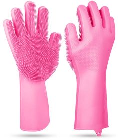 1 Pair Magic Silicone Brush Dishwashing Gloves Cleaning Sponge Pet Scrubber Heat Resistant Wash Gloves (Option: DishWashGlovePink)