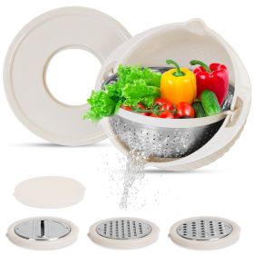 Multifunctional Mixing Bowl with Lid Set 3 Replaceable Graters Food Strainer and Colander Fruit Vegetable Washing Basket Stainless Steel (Option: ColanderBeige)